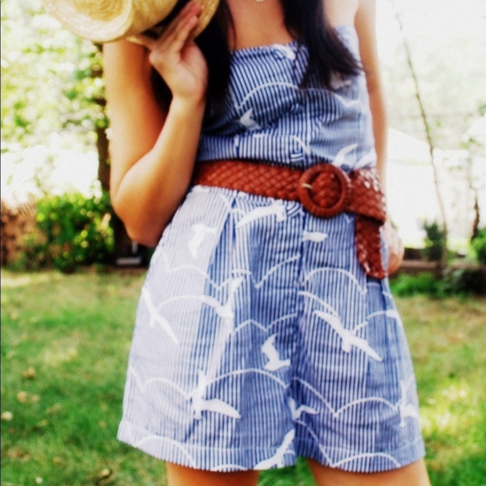 Strapless Blue/White Striped Bird Romper